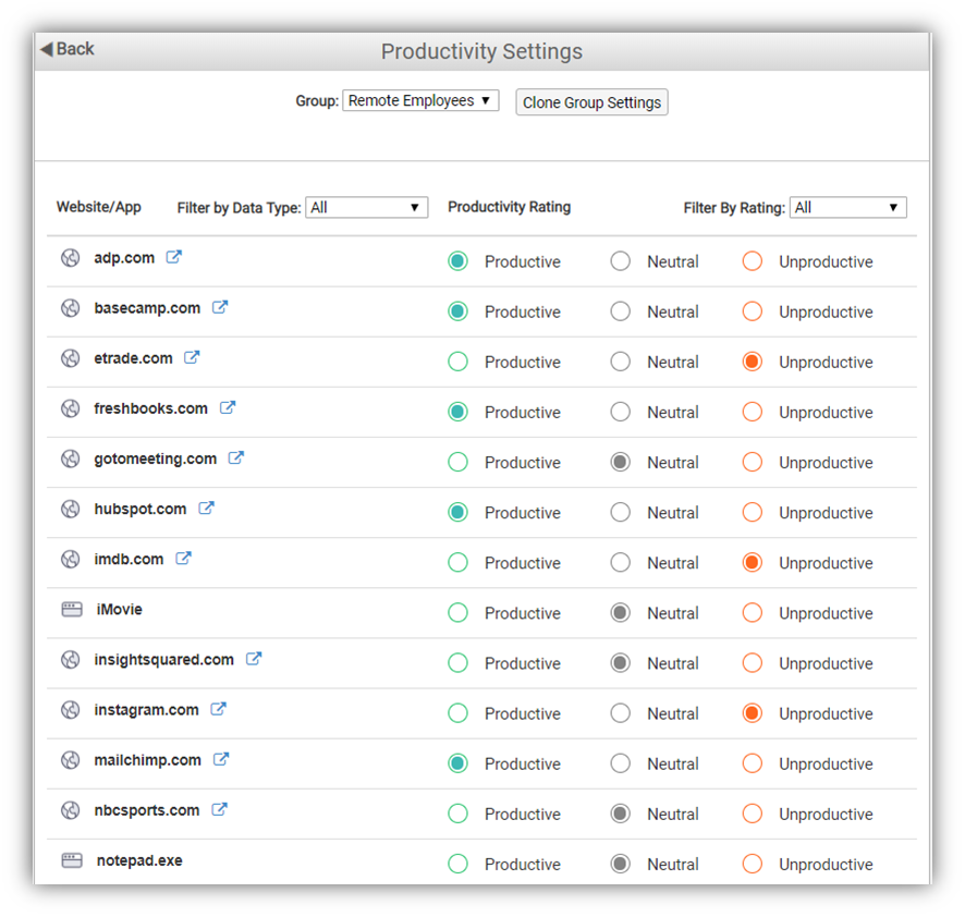 productivity settings